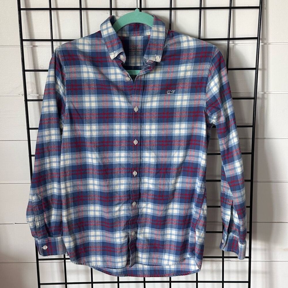 Vineyard Vines Plaid Flannel Shirt Boys‎ L Red/Navy/White Preppy Fall Classic